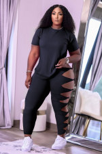 Plus Size Solid T Shirt Hollow Pants 2 Piece Sets MTY-6553