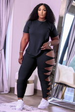 Plus Size Solid T Shirt Hollow Pants 2 Piece Sets MTY-6553