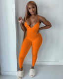Sexy Solid V Neck Backless Cross Strap Jumpsuit NIK-252