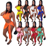 Solid Lace-Up Sleeveless Mini Skirt 2 Piece Sets NIK-251