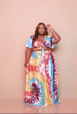 Plus Size Print Fashion Short Sleeve Long Skirt Two Piece Sets WAF-77216