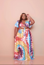 Plus Size Print Fashion Short Sleeve Long Skirt Two Piece Sets WAF-77216