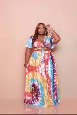 Plus Size Print Fashion Short Sleeve Long Skirt Two Piece Sets WAF-77216