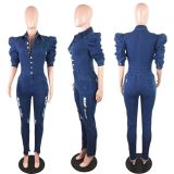 Plus Size Denim Ripped Puff Sleeve Jeans Jumpsuit LX-6882