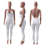 Sexy Solid V Neck Backless Cross Strap Jumpsuit NIK-252