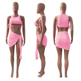 Solid Lace-Up Sleeveless Mini Skirt 2 Piece Sets NIK-251