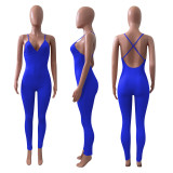 Sexy Solid V Neck Backless Cross Strap Jumpsuit NIK-252