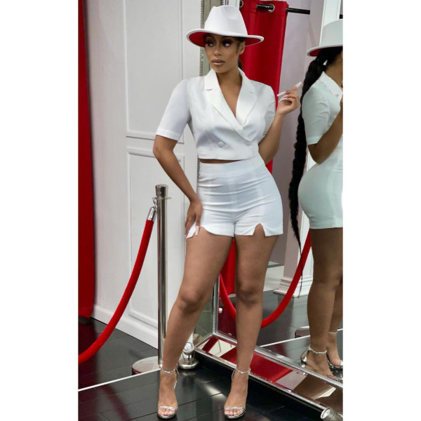 Elegant Solid Notched Collar Two Piece Shorts Set OMY-0031