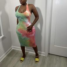 Tie Dye Print Sleeveless Slim Midi Dress HMS-5486