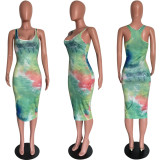 Tie Dye Print Sleeveless Slim Midi Dress HMS-5486