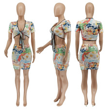 Sexy Printed Tie-Up Crop Top Mini Skirt 2 Piece Sets WSYF-5869
