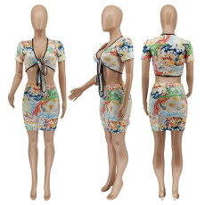 Sexy Printed Tie-Up Crop Top Mini Skirt 2 Piece Sets WSYF-5869