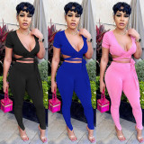 Solid Ribbed Short Sleeve Two Piece Pants Set GLF-10005