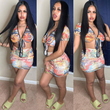 Sexy Printed Tie-Up Crop Top Mini Skirt 2 Piece Sets WSYF-5869