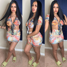 Sexy Printed Tie-Up Crop Top Mini Skirt 2 Piece Sets WSYF-5869