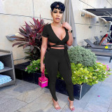 Solid Ribbed Short Sleeve Two Piece Pants Set GLF-10005