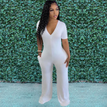 Solid Short Sleeve Pocket Jumpsuit HM-6527