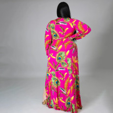 Plus Size Sexy Printed V Neck Long Sleeve Split Maxi Dress SFY-2117