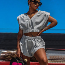 Casual Solid Sleeveless Zipper Two Piece Shorts Set DMF-8180