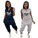 Pink Letter Print Sleeveless V Neck Harem Jumpsuit BDF-8072