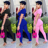 Solid Ribbed Short Sleeve Two Piece Pants Set GLF-10005