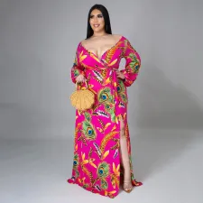 Plus Size Sexy Printed V Neck Long Sleeve Split Maxi Dress SFY-2117