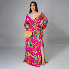 Plus Size Sexy Printed V Neck Long Sleeve Split Maxi Dress SFY-2117