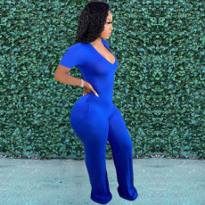 Solid Short Sleeve Pocket Jumpsuit HM-6527