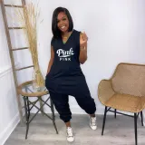 Pink Letter Print Sleeveless V Neck Harem Jumpsuit BDF-8072