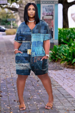 Plus Size Printed V Neck Pocket Loose Romper NYF-8078
