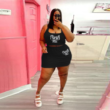 Plus Size Pink Letter Print Tank Top Mini Skirt 2 Piece Sets WAF-77225