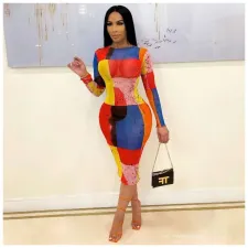 Sexy Mesh Printed Long Sleeve Midi Dress ORY-5197