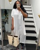 White Half Sleeve Buttons Split Long Dress ORY-5195