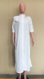 White Half Sleeve Buttons Split Long Dress ORY-5195