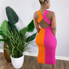 Contrast Color Ribbed Sleeveless Slim Midi Dress ORY-5198