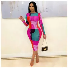 Sexy Mesh Printed Long Sleeve Midi Dress ORY-5197