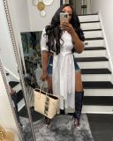 White Half Sleeve Buttons Split Long Dress ORY-5195