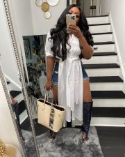 White Half Sleeve Buttons Split Long Dress ORY-5195