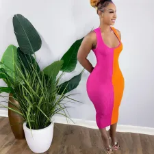 Contrast Color Ribbed Sleeveless Slim Midi Dress ORY-5198