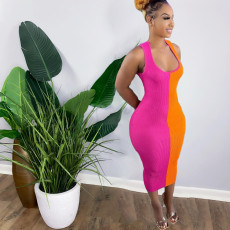 Contrast Color Ribbed Sleeveless Slim Midi Dress ORY-5198