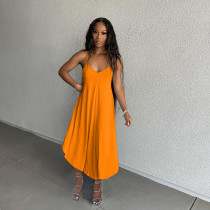 Solid Spaghetti Strap Loose Midi Dress MAE-2106