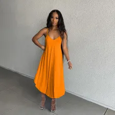 Solid Spaghetti Strap Loose Midi Dress MAE-2106