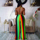 Plus Size Striped Halter Backless Wide Leg Jumpsuit WPF-80158