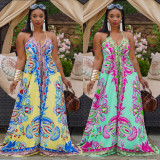 Plus Size Printed Backless Strap Wide Leg Jumpsuit WPF-80188