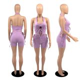 Sexy Solid Lace-Up Halter Top And Shorts 2 Piece Sets YIBF-6093