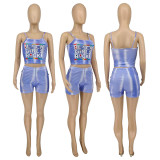 Letter Print Cami Top Hole Shorts Two Piece Suits WMEF-20757