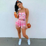 Letter Print Cami Top Hole Shorts Two Piece Suits WMEF-20757