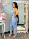 Plus Size Denim Backless Cross-Strap Jumpsuit LX-6060