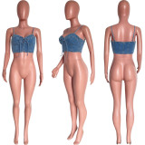 Sexy Denim Lace-Up Slim Cropped Cami Top HMS-5479