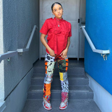 Casual Printed Mid-Waist Split Straight Pants WSM-5262